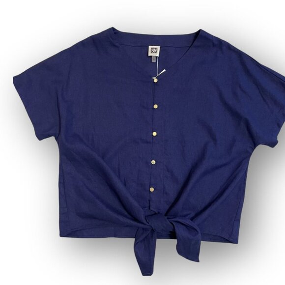 NWT Anne Klein Linen Short Sleeve Tie Front Navy Blue Blouse Size Small - Picture 2 of 7